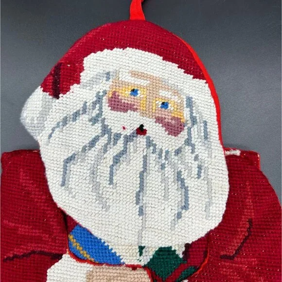 Vintage Christmas Needlepoint Stocking Santa Claus Toys Red Hanging Loop Figural - Picture 4 of 8